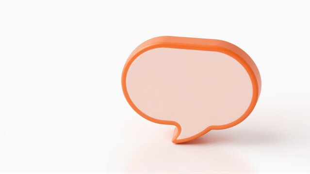 Orange speech bubble rests upon white surface. Simple design, blank interior suggests communication, message or dialogue potential. Minimalist aesthetic.