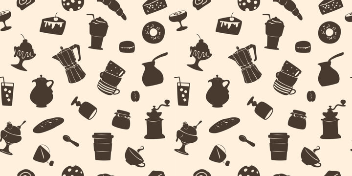 Hand drawn Craft style coffee aesthetic seamless pattern. Food, bar, cafe menu design elements. Black coffee drink, desserts, tea silhouettes. Endless repeat wallpaper, background.