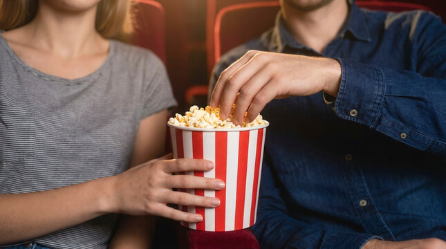 Couple sharing popcorn bucket in cinema, entertainment and movie theater date