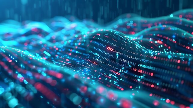 Abstract 3D matrix visualization of deep learning algorithms, cascading streams of binary code transforming into glowing 3D geometric shapes, deep blue and turquoise background.
