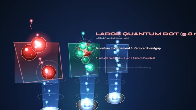 Quantum dot pixel synthesis animation showing large and small nanocrystals with blue GaN LED backlight for trichromatic QLED display technology and optoelectronics