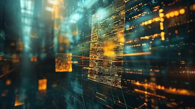 3D glowing glass document floating in mid-air with embedded glowing golden cryptographic code signatures, decentralized finance concept.