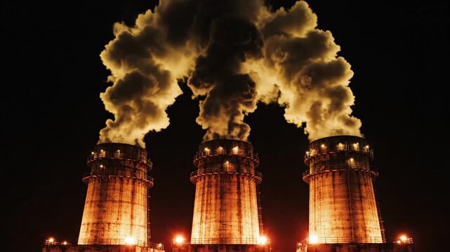 Industrial nighttime scene of three smokestacks expelling dark smoke into the night sky, air pollution and energy
