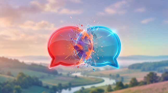 Speech bubbles collision. Discussion concept. 3d render accept different point of view stock illustration.