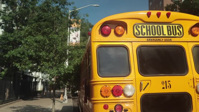 Yellow school bus parked on a sunny new york city street, representing american education, student transportation, and iconic usa culture on a typical day