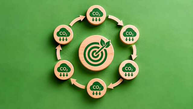 Carbon footprint reduction concept showing wooden blocks marked with CO₂ emission symbols rising toward a sustainability target, representing environmental conservation, renewable energy, climate acti