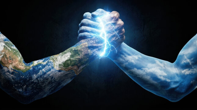Earth and sky hands arm wrestling, symbolizing global environmental conflict, energy crisis, climate change challenges, and the powerful struggle for ecological balance