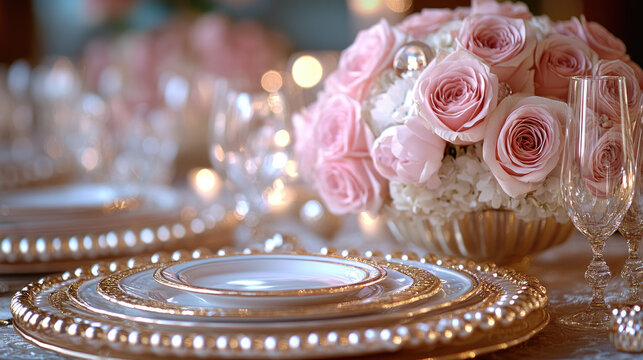 Elegant Wedding Table Setting with Pink Roses and Gold Charger Plates, Romantic Dinner Decor, Soft Bokeh Lights