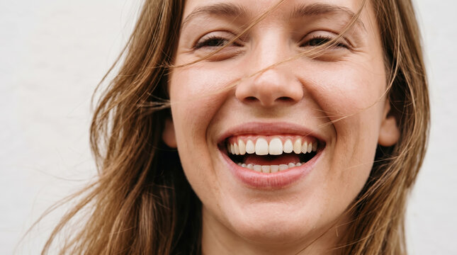 Young woman laughing heartily, showing genuine happiness, natural beauty, and a healthy, radiant smile, embodying joy, freedom, and a positive lifestyle