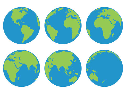 Set of Six Earth Globe Vector Icons Showing Different Continents and Perspectives