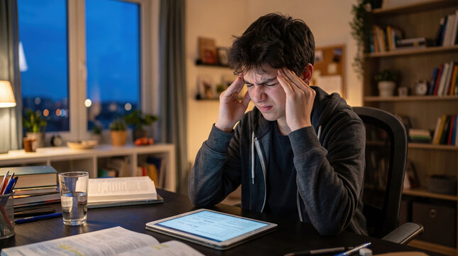 Teenage boy sitting at a desk late at night, rubbing temples and grimacing in pain from a headache, dealing with stress and exhaustion while studying from books and a tablet