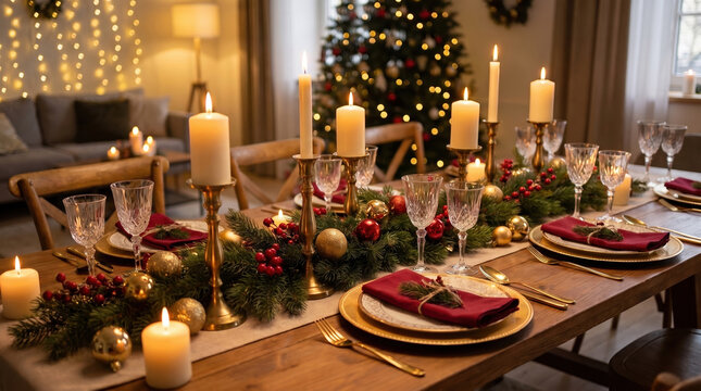 Elegant holiday dining table setting, glowing with candlelight and festive decor, creating a warm, inviting atmosphere for Christmas celebrations and special family gatherings