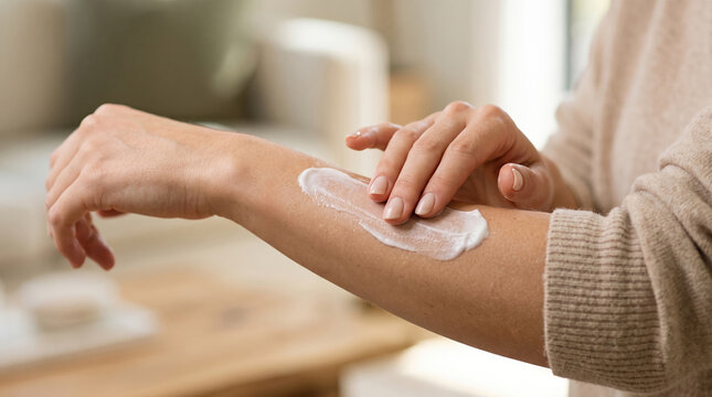 Woman applying moisturizing cream on forearm, nurturing skin for hydration and softness, a routine of self care and dermal protection