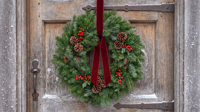 Holiday wreath hanging on a rustic wooden door, featuring evergreen branches, red berries, pinecones, and a velvet ribbon, symbolizing festive welcome and seasonal celebration