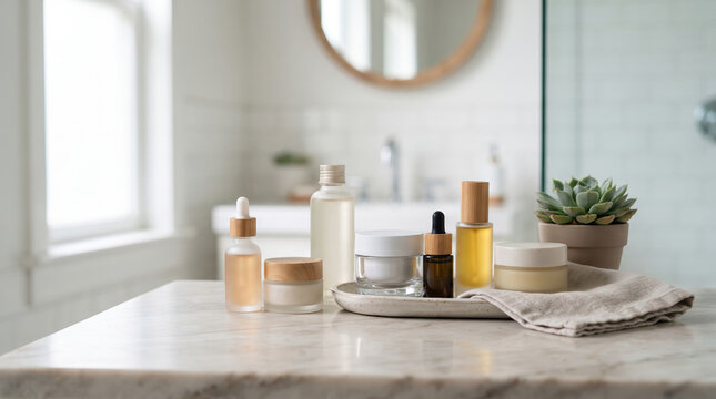 Natural beauty products and organic skincare items on a marble bathroom counter, presenting a clean and minimalist self care routine promoting wellness