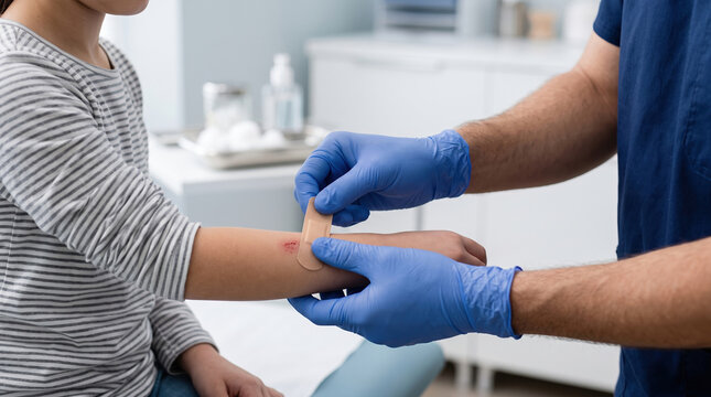 Medical professional applying adhesive bandage on minor wound of child's arm, providing first aid and healthcare support for pediatric injury recovery