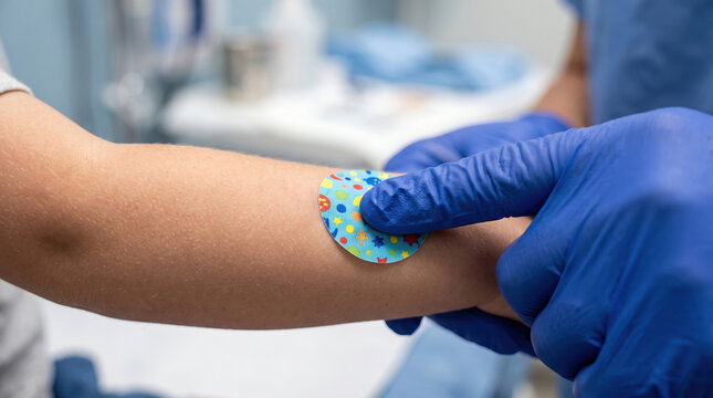 Healthcare professional providing comforting care, applying a fun decorative bandage to child's arm after medical procedure, emphasizing pediatric health and patient well being