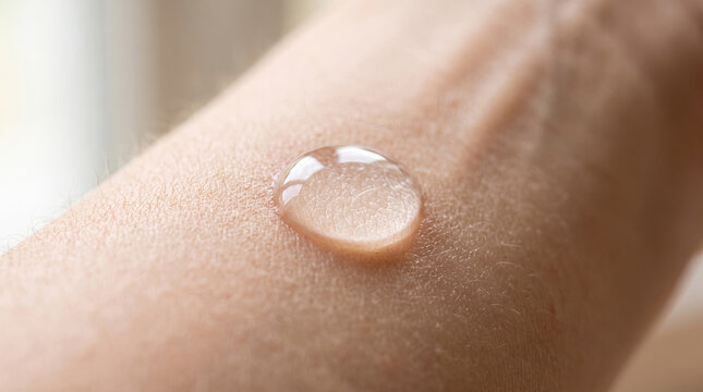 Clear transparent gel droplet resting on healthy skin, close up showcasing deep hydration, moisturizing serum application, gentle skincare, nourishment and fresh, dewy glow