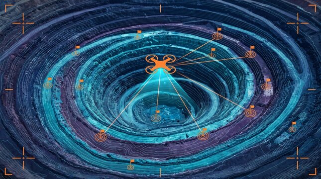 Subterranean geological survey interface scanning concentric spiral kimberlite pipe depression on digital 3D topographic elevation wireframe mesh with drone sensor target acquisition telemetry