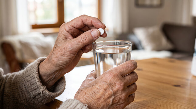 Senior hands holding a pill and glass of water, symbolizing daily medication, healthcare responsibility, and the routine of managing health conditions in aging