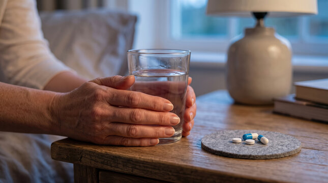Hands holding water and medication, representing concepts of health, wellness, daily routine, elderly care, and pharmaceutical adherence at home