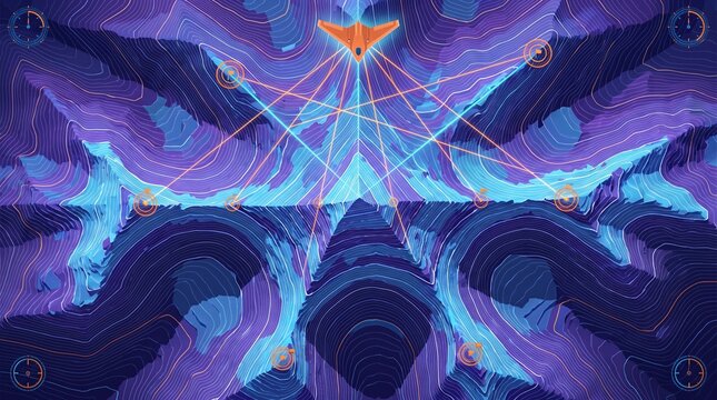 Alpine drone flight control interface tracking pyramidal glacial horn mountain peak and arete knife edge ridges on digital 3D topographic elevation wireframe mesh with target acquisition reticle