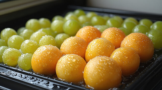 Fresh Grapes and Oranges with Water Droplets on a Tray