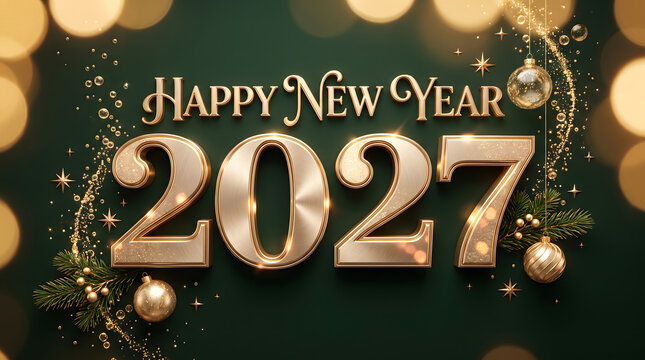Golden numerals for two thousand twenty seven adorn a festive new year celebration scene