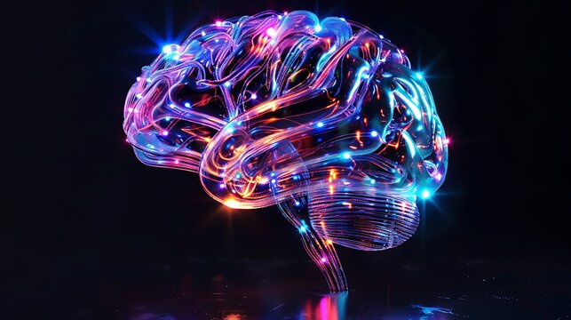 Anatomical brain structure crafted entirely from bundle of glowing multicolor optical fiber cables, dark studio backdrop, vivid futuristic wallpaper concept.