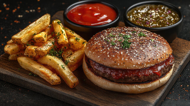 Gourmet Burger and Thick-Cut Fries with Ketchup and Sauce on Wooden Board