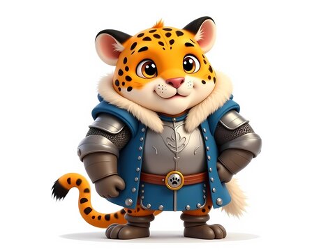 Cute leopard knight character in blue fur coat isolated on white background