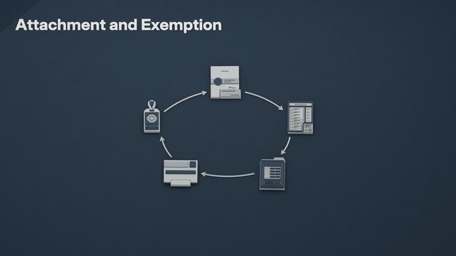 Attachment follows a standing court procedure: the sheriff inventories levied assets, the owner claims an exemption, and a release order frees protected property. Flat 3D style; an English title card.