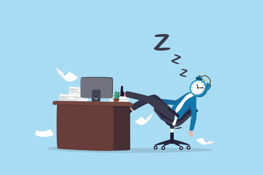 Boredom sleepy employee, lazy or fatigue from overworked, exhausted unhappy workload deadline, office burnout or relaxed, lazy businessman napping with alarm clock head on office working desk.