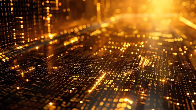 Complex 3D geometric matrix of shifting alphanumeric characters dissolving into a glowing gold cryptographic hash code, abstract tech render concept.