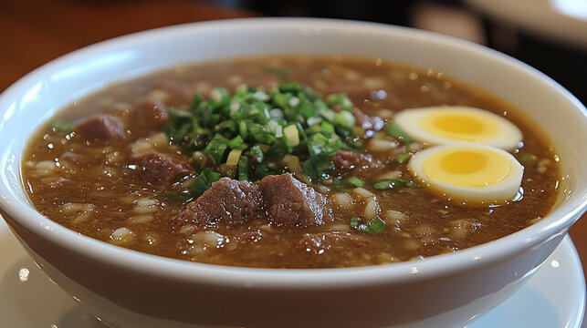 Hearty Beef Barley Soup with Egg and Green Onions in White Bowl - Comfort Food Close-up
