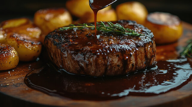 Juicy steak being drizzled with rich sauce, served with roasted potatoes, gourmet meal, delicious food photography
