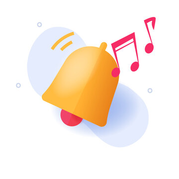 Bell music ring alert icon modern illustration graphic, melody audio song notification notice 3d cartoon, ringtone reminder clip art 
