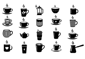 Obraz premium Various Coffee and Tea Cups: A collection of simple black and white graphic icons representing a variety of coffee cups, tea cups, mugs, and a French press, each with steam rising.