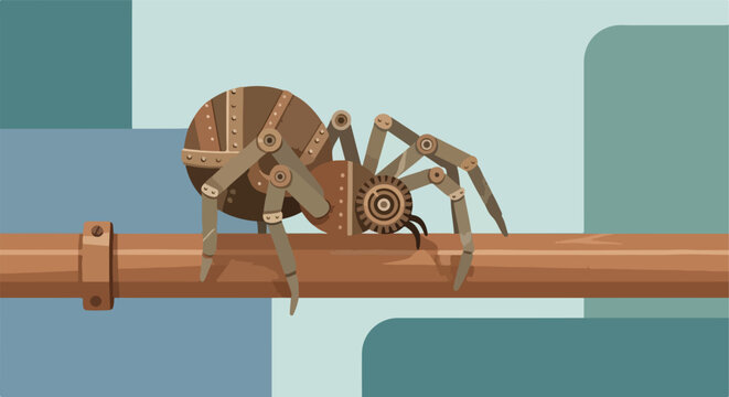 Steampunk spider on a copper pipe