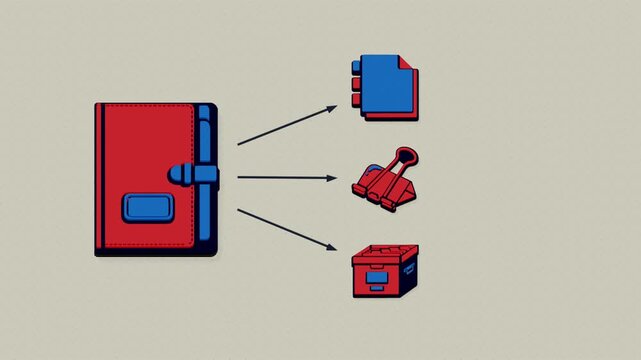 Case notes are consolidated, clipped into a case file, and routed to records retention, producing archival copies for controlled access. Flat 3D style with a halftone dot screen.