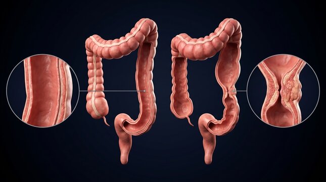 Comparison of healthy human colon with one affected by polyps or colorectal cancer.