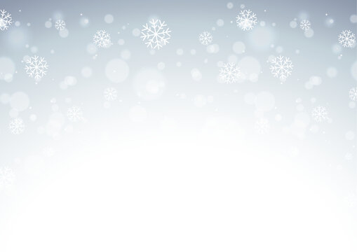 Modern winter background with frozen snow landscape, icy frost texture, falling snowflakes, cold weather pine tree forest, and seasonal Christmas holiday promo vector illustration.