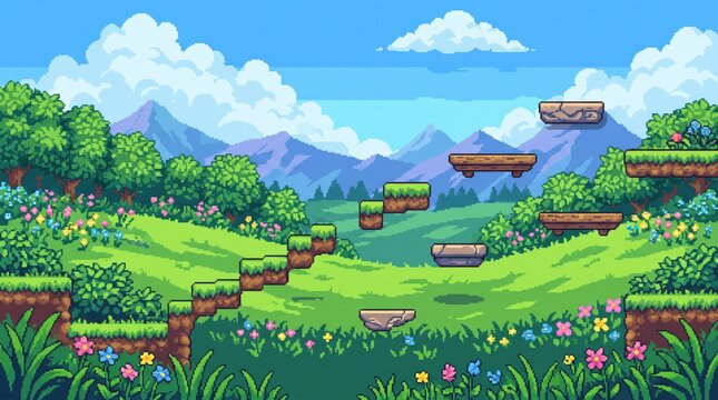Colorful pixel art platformer game landscape with grassy platforms, flowers, trees, mountains and clouds, creating a bright fantasy adventure level for retro games