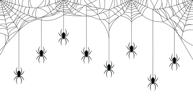 Spooky hanging spider web vector illustration with black arachnids for halloween party decoration design and graphics