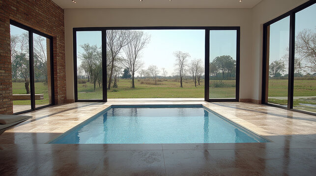 Modern Indoor Swimming Pool with Large Glass Doors Opening to Scenic Rural Landscape