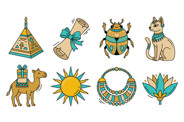 Fototapeta premium Ancient Egyptian culture and mythology symbols set with pyramid scarab and Bastet cat