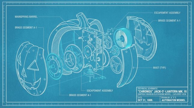 Exploded Chronos clockwork jack-o-lantern schematic with brass segments