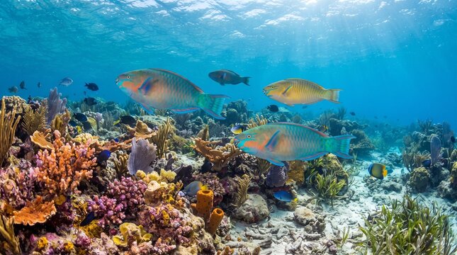 Coral reef ecosystem and parrotfish underwater photo. Colorful marine life in clear tropical ocean waters. Vibrant corals and swimming fish. Marine biodiversity concept photography