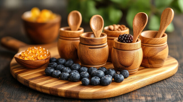 Organic berries and caviar assortment in wooden bowls on a rustic cutting board, healthy food concept