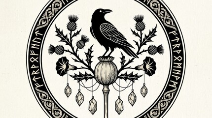 Obraz premium Circular rune-border emblem of raven on poppy with thistles and gems